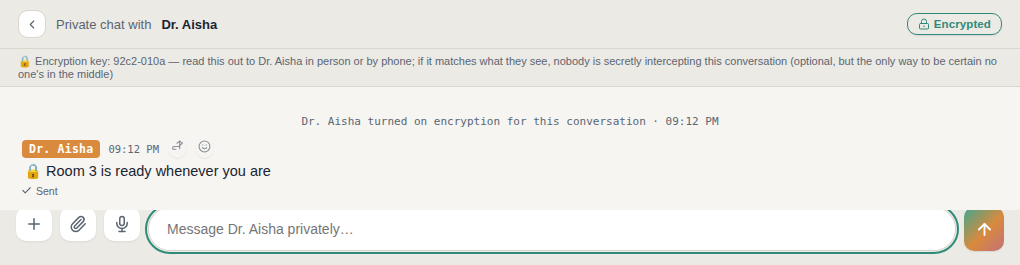 A real encrypted conversation in Station Chat, showing the Encrypted badge and lock icons on each message