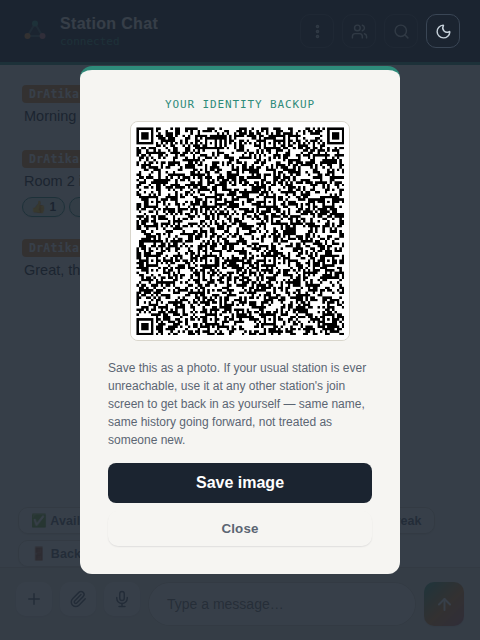Identity backup QR code in Station Chat